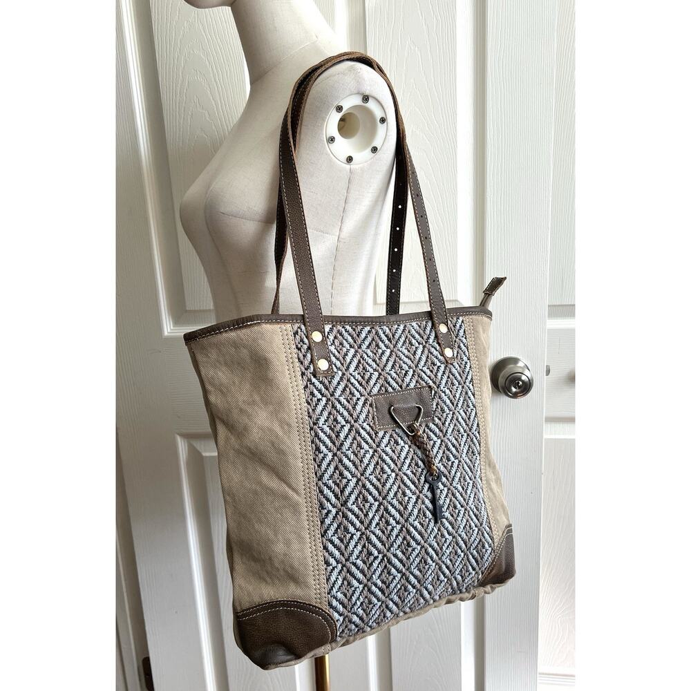 MYRA BAG Curio Key Embroider Canvas Leather Large Book Carry All Tote Purse Bag